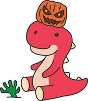 süß Karikatur Dinosaurier mit Halloween Kürbis. Vektor Illustration.