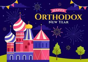 Lycklig ortodox ny år vektor illustration på 14 januari med kyrka och fyrverkeri för affisch eller baner i platt tecknad serie bakgrund design