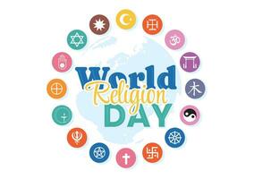 Welt Religion Tag Vektor Illustration auf 17 Januar mit Symbol Symbole von anders Religionen zum Poster oder Banner im eben Karikatur Hintergrund