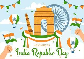 Lycklig Indien republik dag vektor illustration på 26 januari med indisk flagga och Port i Semester nationell firande platt tecknad serie bakgrund design