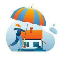 en flicka med ett paraply skyddar de hus. vektor