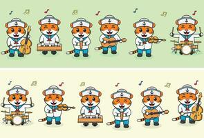 vektor illustration av söt tiger sjömän musik band. stor uppsättning av söt djur- tecknad serie i yrken. tiger tecknad serie platt stil.