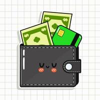 süß komisch Brieftasche mit Geld und Anerkennung Karte Aufkleber. Vektor Hand gezeichnet Karikatur kawaii Charakter Illustration Symbol. isoliert auf Blau Hintergrund. Brieftasche mit Geld und Anerkennung Karte Charakter Konzept