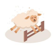 Schaf Springen Über das Zaun. süß Schlafen Schaf. Poster Über schlafen, Traum oder entspannen. Konzept von Zählen das Schaf, Schlaflosigkeit, Schlaf Störungen, Baby schlafen. Vektor Illustration.