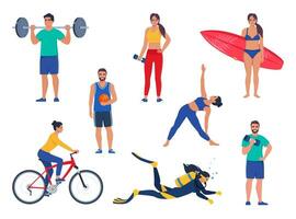 män och kvinnor utför olika sporter aktiviteter. bunt av Lycklig Träning eller utövar människor. styrka Träning, cykling, yoga, basketboll, dykning, surfing. vektor illustration.