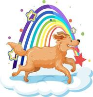 söt hund på molnet med regnbåge vektor