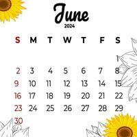 Kalender Juni 2024 mit ästhetisch Blumen vektor