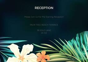 tropisch Hochzeit Einladung mit Palme Blätter und Blumen vektor