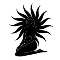 hand dragen silhuett mystisk kvinnor med svart Sol. andlig ung kvinna. magi esoterisk talisman. vektor