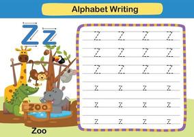 alphabet buchstabe z-zoo übung mit cartoon-vokabular vektor