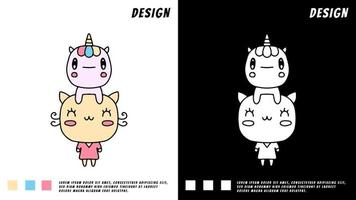 härlig katt och baby enhörning, illustration för t-shirt, affisch, klistermärke vektor