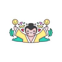 söt japansk geisha med leende emoji. tecknad illustration. vektor