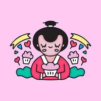 Kawaii-Geisha mit Cupcake. Cartoon-Abbildung. vektor