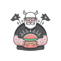 bärtiger Wikinger mit Burger, Illustration für Aufkleber und T-Shirt. vektor