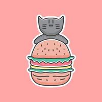 süße schwarze Katze mit Burger-Cartoon, für Aufkleber und T-Shirt. vektor