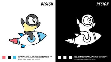 süßer Pinguin reitet eine Rakete, Cartoon-Illustration vektor