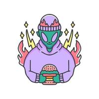 Alien in Mütze mit Burger, Illustration für Aufkleber und T-Shirt. vektor