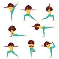 svart kvinna som gör yoga. uppsättning yogaställningar vektor