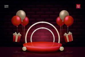schwarz und rot geometrisch Bühne Podium, Podium mit Ballon Elemente, Geschenk Kisten und rot Beleuchtung. 3d Vektor, geeignet zum Besondere bietet an groß Der Umsatz auf schwarz Freitag und Weihnachten vektor
