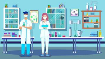 personlig doktorer par. vetenskapsmän ung man och kvinna ledande forskning i en labb, interiör av vetenskap laboratorium. vaccin utveckling. vektor platt illustration
