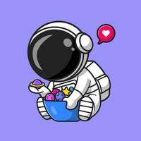 süß Astronaut mit Planet Süßigkeiten Schüssel Karikatur Vektor Symbol Illustration. Technologie Essen Symbol Konzept isoliert Prämie Vektor. eben Karikatur Stil