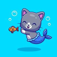 söt sjöjungfru katt med fisk tecknad serie vektor ikon illustration. djur- natur ikon begrepp isolerat premie vektor. platt tecknad serie stil