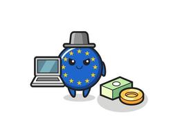 Maskottchenillustration des Europaflaggenabzeichens als Hacker vektor