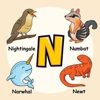 Tiere Alphabet Buchstabe n für Narwal Molch Numbat Nachtigall Vogel vektor