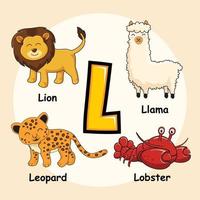 djur alfabetet bokstaven l för lejon hummer leopard lama vektor