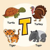 tiere alphabet buchstabe t für schildkröte tiger turkey tapir vektor