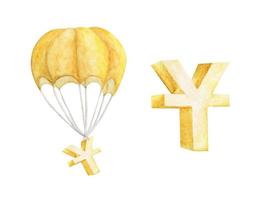 Heißluftballon mit goldenem Zeichen des chinesischen Yuan. Aquarell. vektor