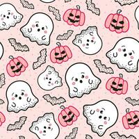 süß Halloween nahtlos Muster zum Kinder mit kawaii Geister und Kürbis, Fledermäuse auf Rosa Hintergrund vektor