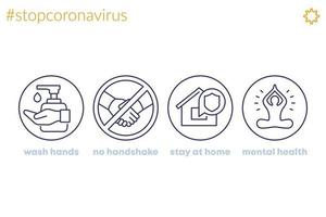 Stoppen Sie das Coronavirus, berät Liniensymbole, waschen Sie sich die Hände, bleiben Sie zu Hause vektor