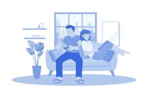 junges Paar sitzt auf dem Sofa und spielt ein Spiel vektor