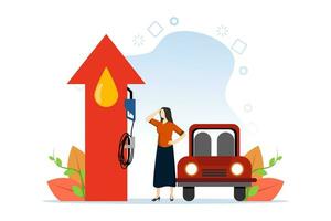 bränsle pris öka begrepp. bensin priser, värld olja pris kris. kvinna och henne bil väntar till vara fylld med olja. global olja kris. platt vektor illustration på vit bakgrund.