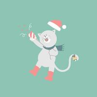 fröhlich Weihnachten und glücklich Neu Jahr mit süß Katze halten Party Popper, Kracher und Konfetti im das Winter Jahreszeit Grün Hintergrund, eben Vektor Illustration Karikatur Charakter Kostüm Design