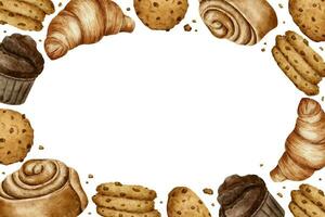 croissant, spiraled kanel rulla, småkakor, muffin. bakverk. bageri mat begrepp. vattenfärg ram. bageri produkt. för design av etiketter och förpackning av varor, kort, logotyp för Bakehouse och bageri. vektor