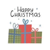 Weihnachtsfeiertag mit süßen Geschenkboxen Grußkarte Frohe Weihnachten vektor