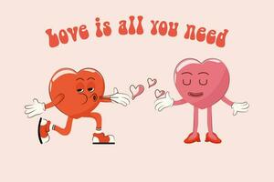 retro Lycklig hjärtans dag. kärlek är Allt du behöver. Lycklig hjärta karaktär i trendig 60s 70s tecknad serie stil. vektor illustration