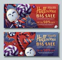 uppsättning av rabatt baner design med sötsaker och spöke småkakor. halloween försäljning, rabatt kupong. mall för baner, affisch, flygblad, annons. vektor