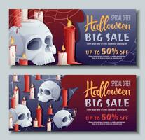 einstellen von Rabatt Banner Vorlagen mit Schädel und Kerzen. Halloween Verkauf, Rabatt Gutschein. Design von Banner, Poster, Flyer, Werbung. vektor