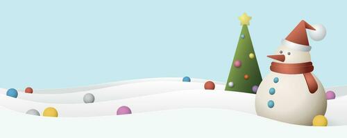 snögubbe med dekorerad jul träd i snö landskap på natt geometrisk former 3d stil vektor illustration. glad jul och Lycklig ny år hälsning kort mall ha tom Plats.