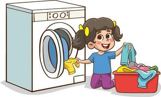 glücklich süß Kind tun Wäsche mit Waschen Maschine.glücklich wenig Kinder tun Hausarbeit Reinigung vektor