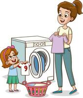 Illustration von ein wenig Mädchen mit Kleider im ein Waschen Maschine. Eltern Kinder Reinigung Haus. glücklich Tochter und Mutter mit T-Shirt in der Nähe von waschen Maschine Vektor Illustration
