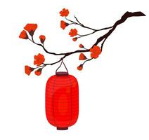 blühen von Chinesisch Pflaume. rot Papier Chinesisch Laterne. Vektor Illustration. rot Knospen von Blühen Blumen Sakura. isoliert auf ein Weiß Hintergrund.