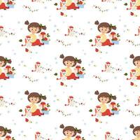 Weihnachten nahtlos Muster. süß Mädchen mit Welpe, Neu Jahr Geschenke und Bälle auf Weiß Hintergrund mit Schneeflocken. Vektor Illustration