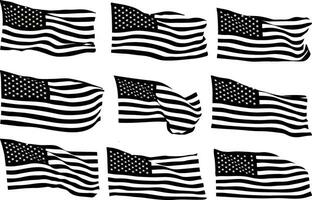 samling av silhuetter i de vind, vinka USA flagga, en uppsättning av silhuett amerikan flagga vektor, amerikan flagga silhuett vektor