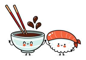 Sushi und Soja Soße Charakter. Vektor Hand gezeichnet Karikatur kawaii Figuren, Illustration Symbol. komisch Karikatur glücklich Sushi und Soja Soße freunde