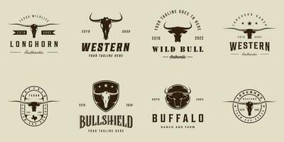 uppsättning av longhorn eller buffel logotyp årgång vektor illustration mall ikon grafisk design. bunt samling av olika huvud av djur- tjur tecken eller symbol för vilda djur och växter eller ranch företag