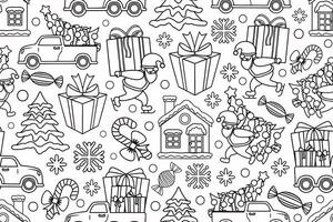 nahtlos Linie Kunst Weihnachten Muster mit Weihnachtsmann, Autos Tragen Geschenke und dekoriert Weihnachten Bäume, die Geschenke, Schnee bedeckt Häuser und Tannen. vektor